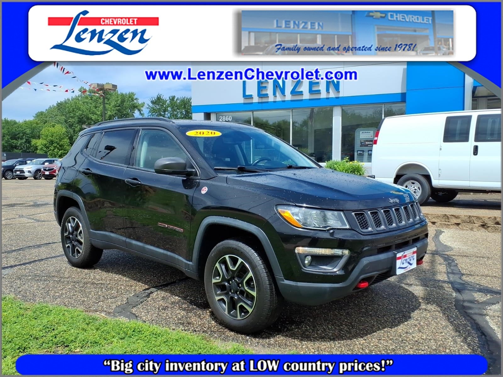 2020 Jeep Compass Trailhawk 4x4 in Black — front three-quarter view
