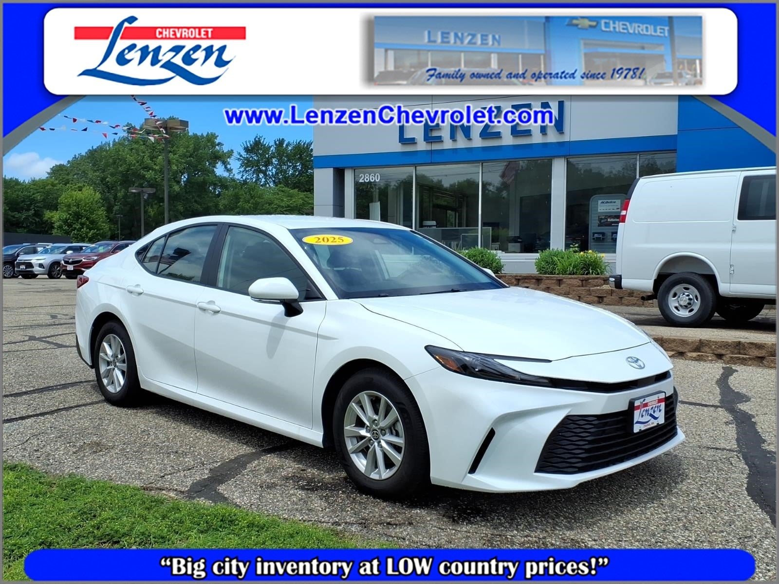 2025 Toyota Camry LE in White — front three-quarter view