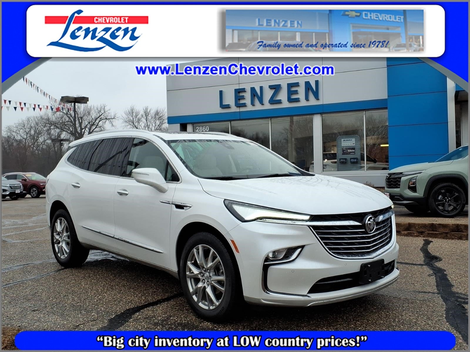 2023 Buick Enclave Essence in White Frost Tricoat — front three-quarter view
