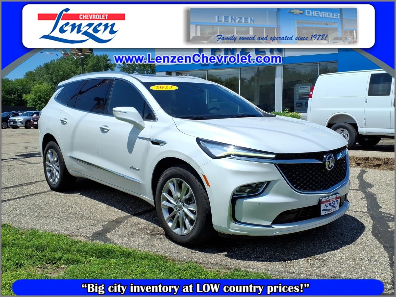 2023 Buick Enclave Avenir in White Frost Tricoat — front three-quarter view